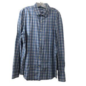 Perry Ellis Slim Fit Shirt Sz Large Button-Up Blue Plaid Long Sleeve 100% Cotton